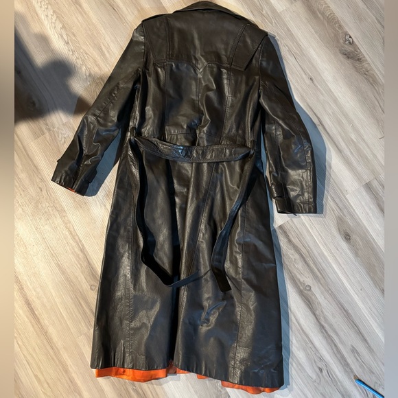 ‼️THRIFT STORE MAKE OFFER VTG Leather Trench Coat Jacket 70s Belt Long Brown - Picture 3 of 15